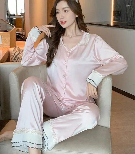 Kadın pijama pembe pijamalar seti femme rayon iç çamaşırı 2pcs gömlek tabanca elbise bahar kadınlar uzun kollu gece kıyafetleri ev kıyafetleri