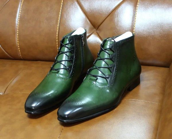 Sapatos de vestido clássico artesanal de couro genuíno homens botas de tornozelo alto topo apontado dedo do pé zíper lateral rendas até tamanho grande negócio