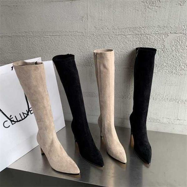 Stivali Nuovo Inverno Pelle Scamosciata Donna Ginocchio Alta Moda Punta a punta Donna Lungo Sexy Tacco Spesso Décolleté Scarpe 220929