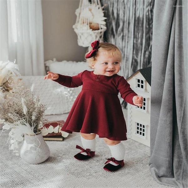 Vestidos da menina 3 cores da criança do bebê meninas sólido malha vestido de manga longa crianças com nervuras a linha com bandana outono inverno bege rosa