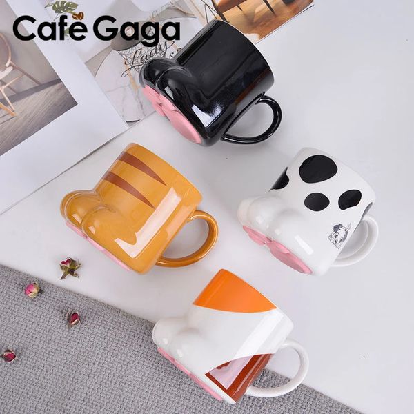 Canecas Bonito Gato Pata Caneca Café Dos Desenhos Animados 3D Garra Cerâmica Drinkware com Tampa Leite Café da Manhã Copo de Aveia Aniversário Presentes de Natal 231023