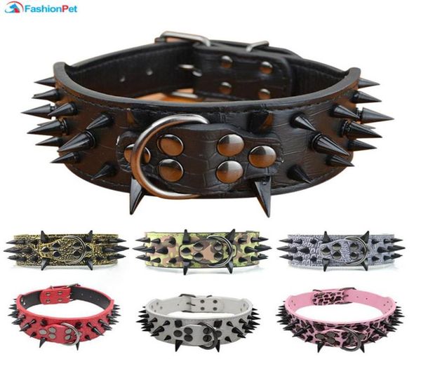 Hochwertiges 2 Zoll breites Hundehalsband aus Pu-Leder mit schwarzen, scharfen Spikes, besetzt für große Hunde, Pitbull, Mastiff9582548