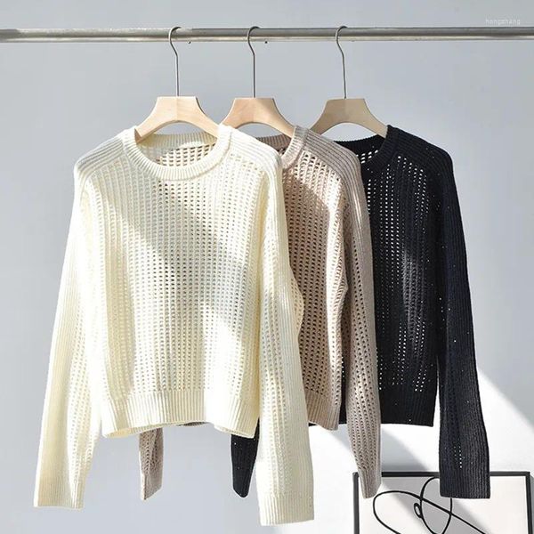 Kadın Sweaters Sequin Kadınlar oyuk s Sweater Yün Yuvarlak Boyun Tembel Stil Uzun Kollu Örgü Kalın İğne Jumper Sonbahar 2023