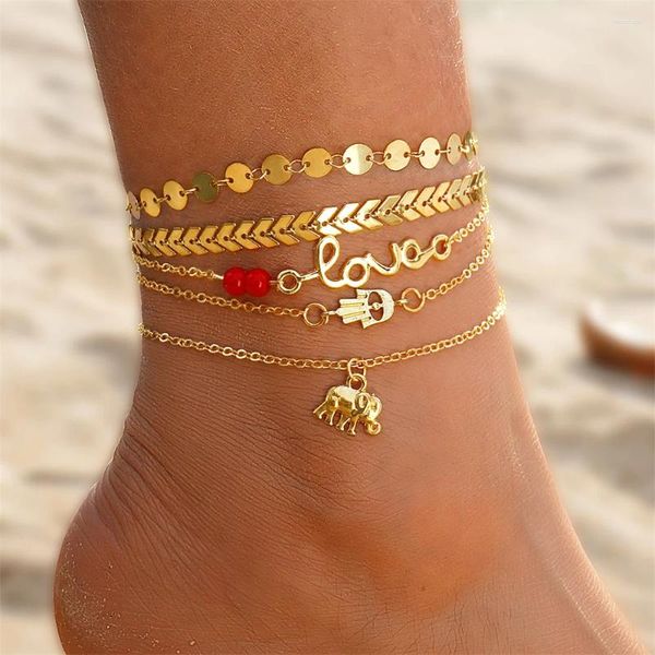 Tornozeleiras vintage elefante pingente tornozeleira para mulheres amor multicamadas corrente praia verão pé tornozelo pulseira jóias