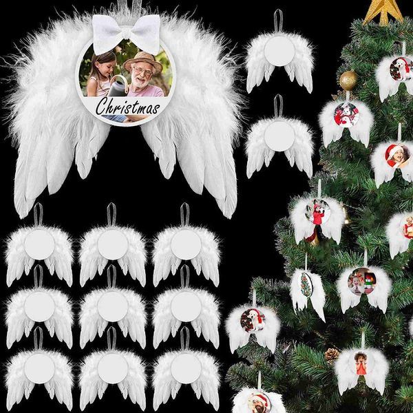 Decorazioni natalizie 12 set Ali d'angelo bianche Decorazioni per albero di Natale Ornamento appeso Festa di nozze Ala di piume con piastra di sublimazione termica vuota Q231024