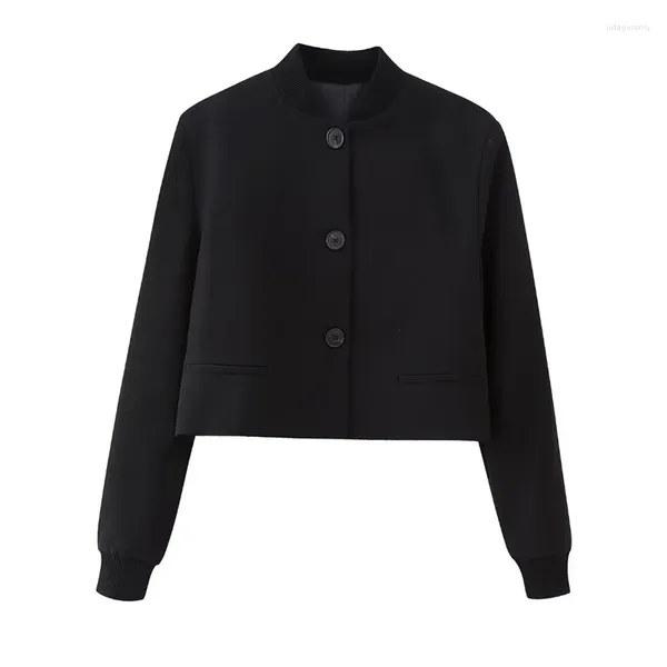 Giacche da donna Colletto a costine Giubbotto bomber nero casual a maniche lunghe allentato Cappotto monopetto corto