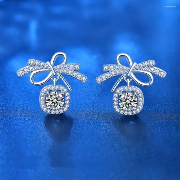 Stud Küpe S925 STERLING Gümüş Beyaz Altın Yay Mozanstone Bayanlar Moda Takı Çift Tatlı Romantik Tatil Noel Hediyesi