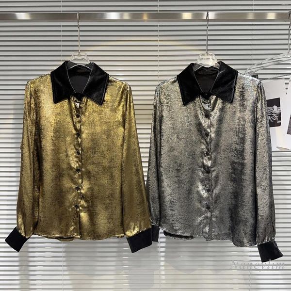 Kadın Bluzları 2023 Sonbahar Kız Y2K Gömlek Kadın Velvet Dikiş Yaka Sıvı Metalik Renk Gömlek Gevşek Kişisel Altın Bluz Üstü