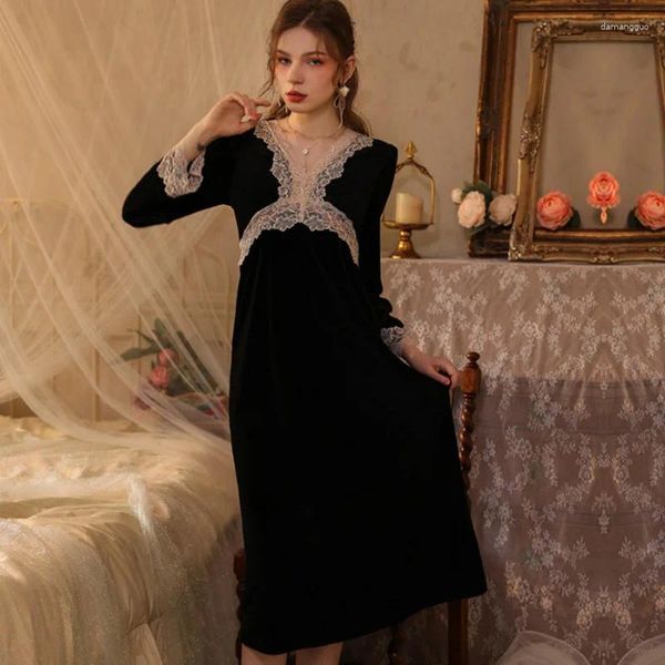 Mulheres sleepwear outono camisola mulheres veludo renda sexy sleepshirt nightdress francês tribunal estilo inverno elegante casa vestido outwear