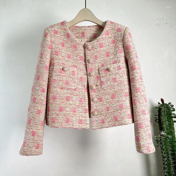 Damenjacken High-End-französische Kleidung Tweed-Langarm-Karojacke Luxus-O-Ausschnitt-Mäntel Outwear weiblich Casaco