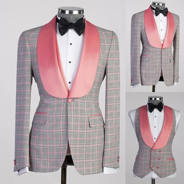 Ternos masculinos xadrez rosa terno feito sob medida 2 peças blazer colete um botão lapela larga casamento noivo moda negócios causal baile sob medida