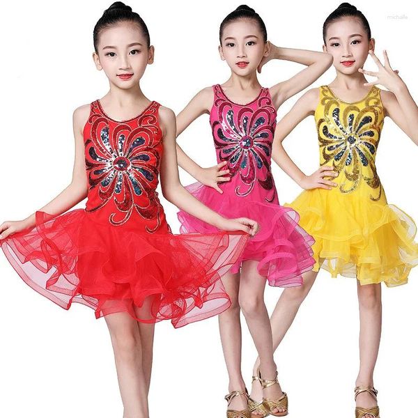 Abbigliamento da palco Gonna da ballo latino Paillettes Abbigliamento da prestazione in rete per bambini Vestito da competizione per ragazze Tango Salsa Rosso