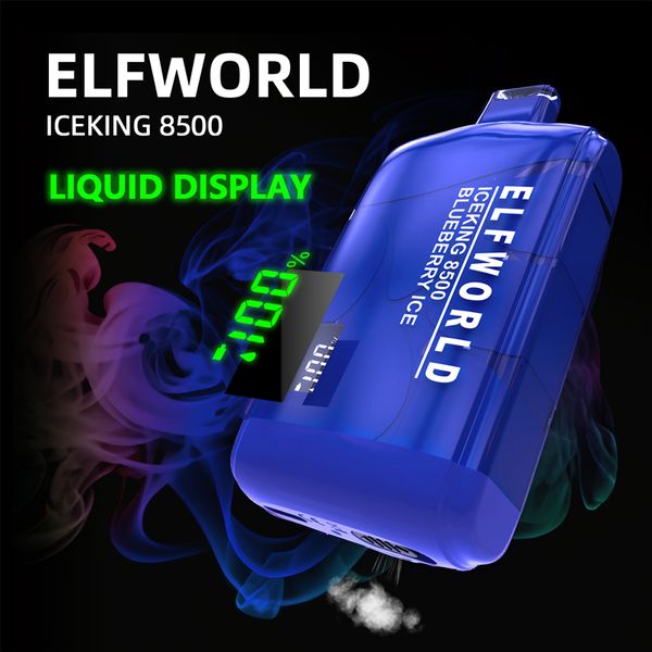 Fornecimento de fábrica ELFWORLD Vape descartável Ice King 8500 Puffs com display de bateria E-líquido Tela LED Fluxo de ar ajustável