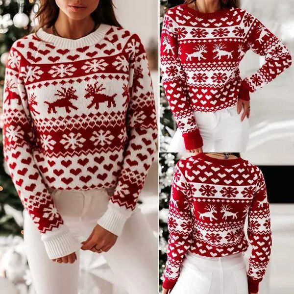 Женские свитера, женский свитер с рождественским оленем, вязаный с длинным рукавом и круглым вырезом, женский джемпер, модный повседневный пуловер на зиму и осень, одежда размера плюсL231024