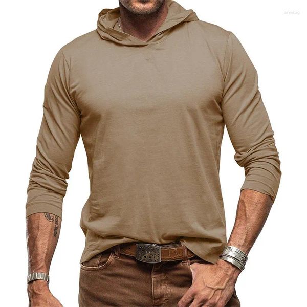 Мужские футболки, весенне-осенняя рубашка, мужские повседневные однотонные футболки с длинными рукавами и капюшоном большого размера для фитнеса, хлопковые мужские топы, футболки