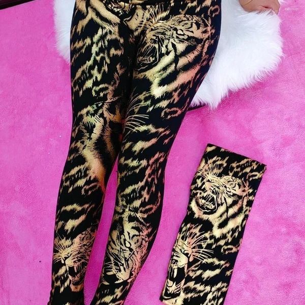 Damen Leggings Sommer Frühling Schwarz Gold Tiger Dünne Paillettenhose Hohe Taille Plus Size Bleistifthose