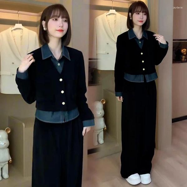 Женские брюки из двух предметов, модный комплект 2023, осень/зима, винтажное пальто с длинными рукавами, топ с широкими штанинами