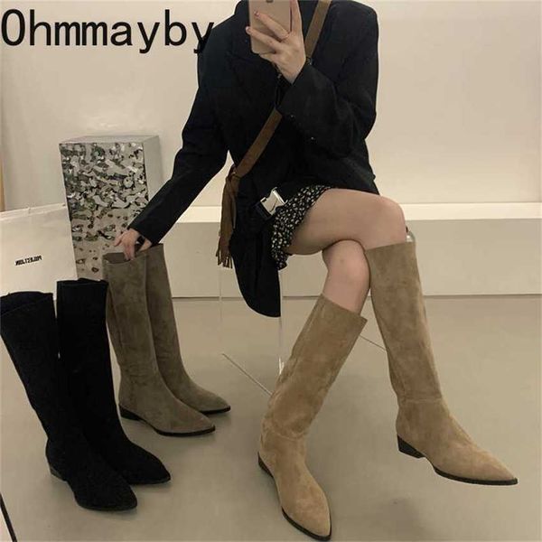 Botas New Western Cowboy Mulheres Long Boot Baixo Salto Senhoras Apontadas Toe Joelho Alto Sapatos Inverno Qualidade Camurça 220929