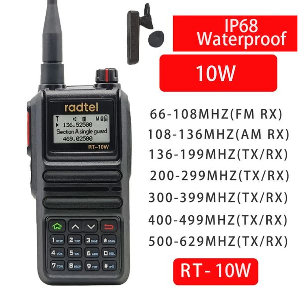 Walkie Talkie Radtel RT-10W à prova d'água 10w banda completa 136-630Mhz Ham Amador Rádio bidirecional 199CH Walkie-Talkie AM Air Aviation Band Bluetooth 231023