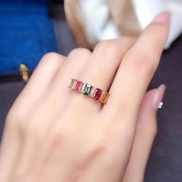 Cluster Rings Natural Multi-color Tourmaline Ring For Woman 3mm 5mm Silver 925 Gemstone Jewelry