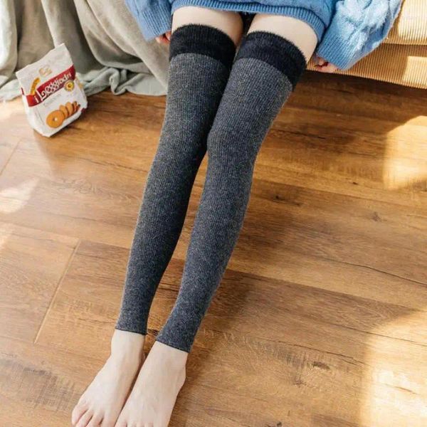 Mulheres meias de lã joelho alto tubo longo pena fio emenda yoga quente perna guardas malha bota cobre grosso inverno