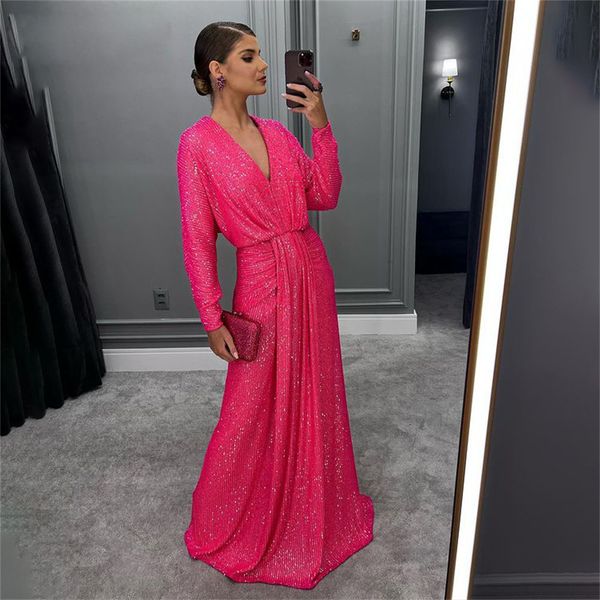 Abendkleider mit Pailletten in Fuchsia, V-Ausschnitt, lange Ärmel, A-Linie, formelles Kleid, Plus-Size-Faltenkleid für Damen, besonderes OCN-Kleid 326 326