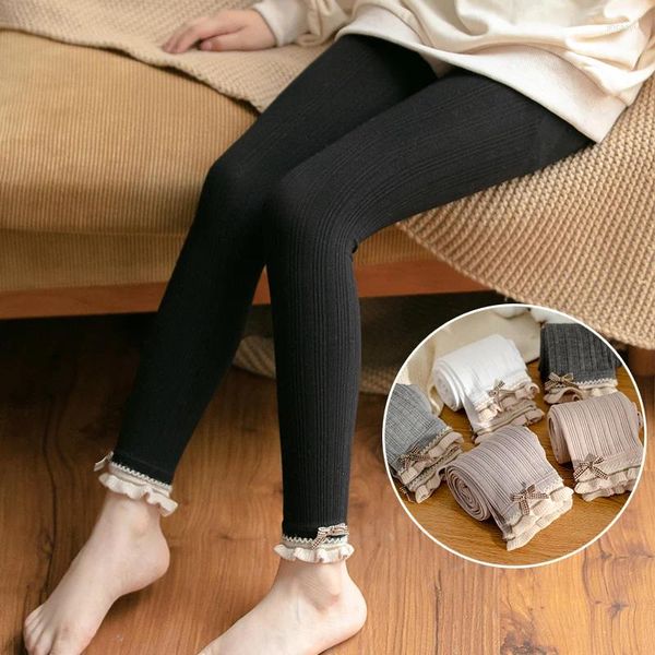 Calças infantis meninas algodão anti-pilling leggings rendas bowknot listras verticais bebê crianças respirável nove pontos crianças calças