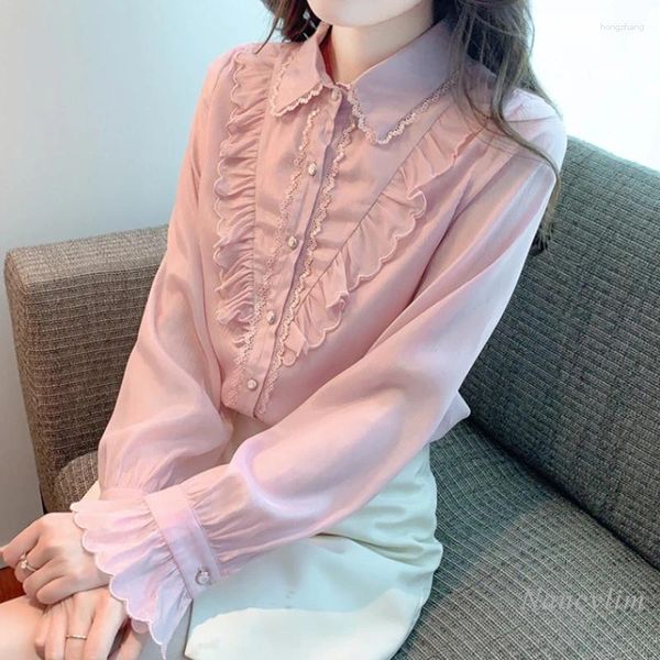 Blusas femininas primavera e outono camisa chiffon 2023 design sentido manga longa babados borda bonita all-matching botões superiores blusas