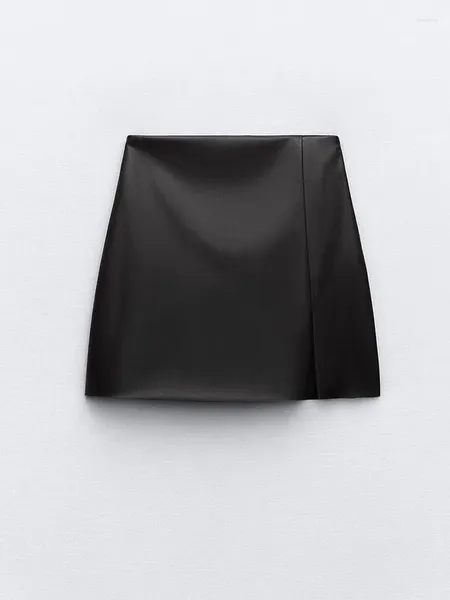 Shorts femininos 2023 outono de alta qualidade moda retro preto cintura alta fenda lateral magro ajuste imitação de couro saia calças
