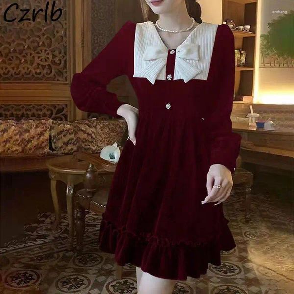 Vestidos casuais vintage veludo mulheres elegante midi doce babados retalhos arco botão v-pescoço a linha estilo coreano adorável harajuku feminino