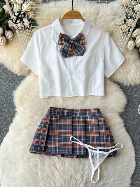 Abiti da lavoro SINGREINY Cosplay Porno erotico Vestito da donna Collo con risvolto Camicia corta Minigonna scozzese Perizoma 2023 Stile Preppy Indumenti da letto sexy