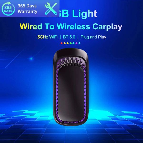 Novo carro rgb colorido sem fio carplay adaptador caixa inteligente usb plug and play conectar bluetooth wifi com fio apple carplay