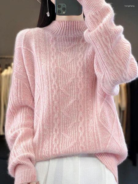 Suéteres femininos 100 suéter de caxemira meia gola alta cor sólida torcido outono e inverno lã solta fundo de malha