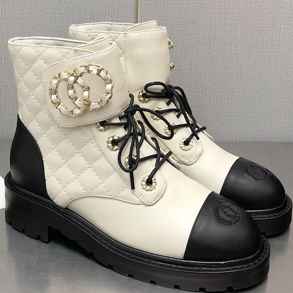 Sapatos de canal Botas de grife Outono e Inverno Dupla Renda Couro Feminino Strass Botas Curtas Botas de Areia Botas Martin de Salto Grosso Elevado Botas de Neve