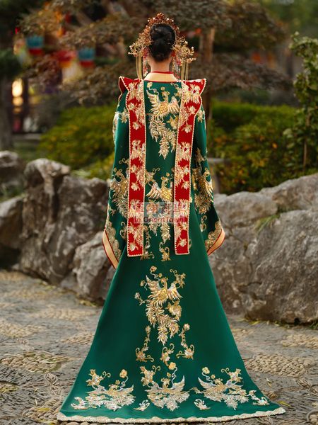 Antica Cina Ming Hanfu Coppia Vintage Verde Rosso Costume Toast Abbigliamento Drago e Fenice Ricamo Abito da sposa