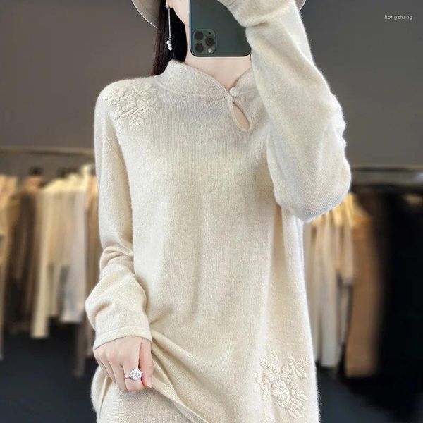 Женские свитера, женский свитер из чистого кашемира S 100, полуводолазка с вышивкой, осенне-зимний пуловер, свободная вязаная основа