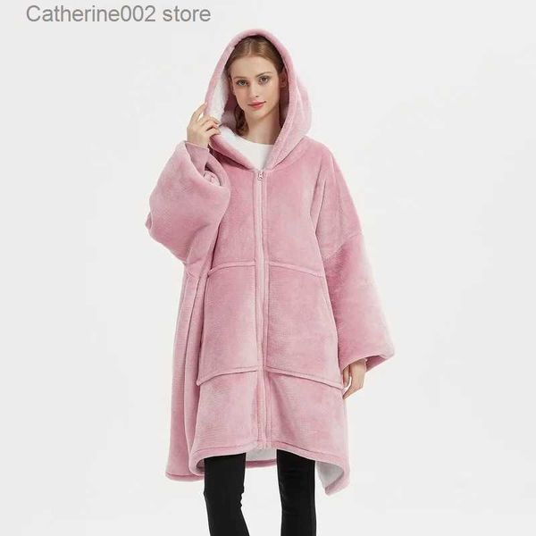 Kadın uyku salonu büyük boy sherpa kış açık erkek kadın artı beden kapüşonlu sweatshirtler fermuar rahat rahat kanepe tv cep kapşonlu battaniye t231024
