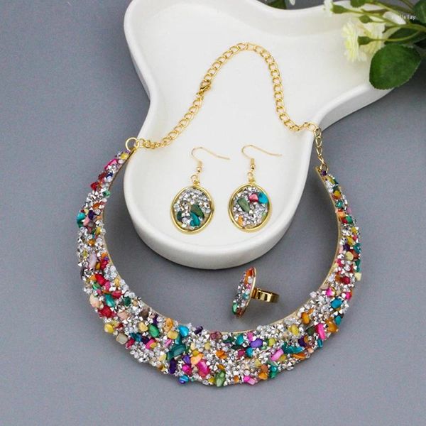 Colar brincos conjunto 3 pçs clássico cor de ouro exagerado para o casamento feminino multicolorido geometria flash pingente anel