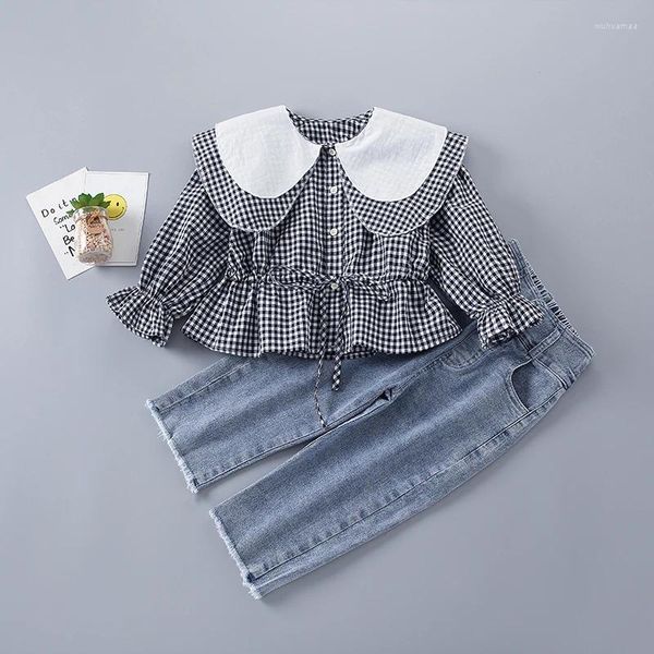 Conjuntos de roupas 2-7 anos de alta qualidade primavera menina conjunto 2023 moda casual xadrez camisa jeans criança crianças meninas