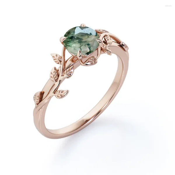 Anelli a grappolo Elegante anello a forma di foglia rotondo con pietra verde naturale Anello di fidanzamento con agata muschiata Gioielli in argento 925 per le donne Regalo raffinato