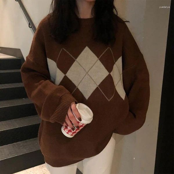 Kadın Sweaters 2023 Sonbahar Kadın Örgü Sweater Moda Büyük Boy Külepleri Bayanlar Gevşek Kolej Kadın Jumper Ekose