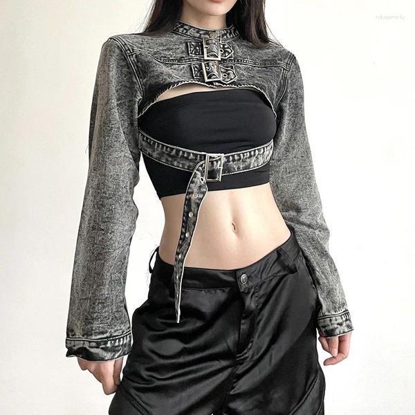 Damenjacken Goth Dark Cyber Gothic Vintage Denim Crop Y2k Punk Schnalle Hollow Out Frauen Mäntel 90er Jahre Grunge Harajuku Streetwear Jacke