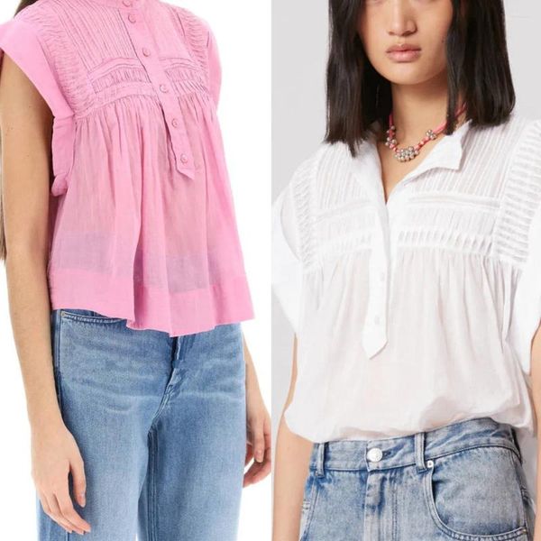 Blusas femininas camisa de algodão branco ou rosa sem mangas plissado 2023 verão chemise feminino gola blusa com botões