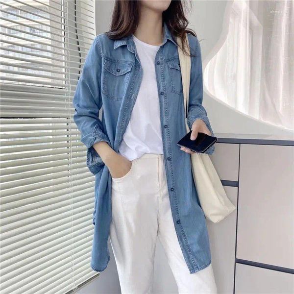 Frauen Blusen Herbst 2023 Denim Shirts Und Bluse Für Frauen Koreanischen Stil Langarm Top Blau Oder Sky Farbe Jeans Elegante D272