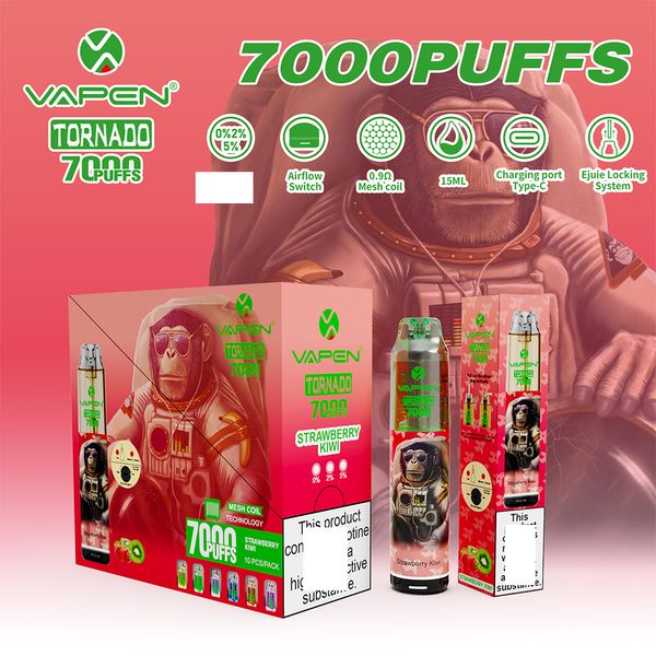 Original VAPEN Tornado 7000 Puff 7000 Caneta Vape Descartável Cigarros Eletrônicos 15ml Pod Mesh Bobina 6 Cores Brilhantes Puff 7000 Vape Recarregável Ajustável a Ar