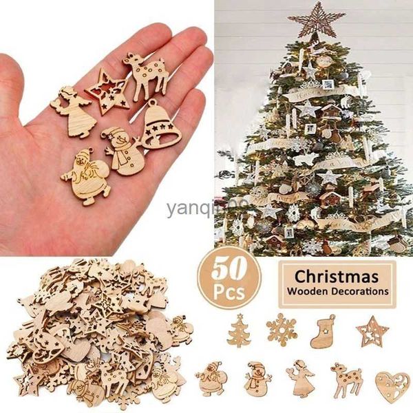 Decorazioni natalizie 50 pezzi / set Mini decorazioni per albero di Natale Ornamenti in legno Babbo Natale Pupazzo di neve Cervo Pendenti Decorazioni natalizie Piccole figurine HKD231024