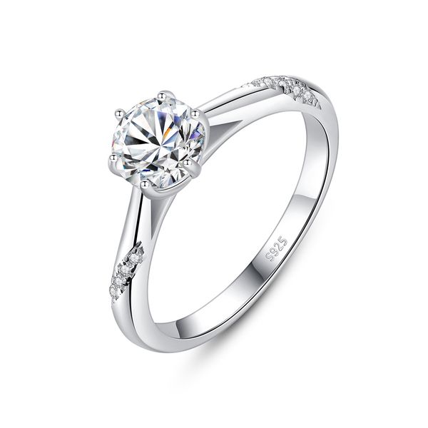 Anillo de moissanita Joyería Marca de lujo europea S925 Plata Seis garras Super Flash Moissanite 3A Zircon Charm Anillo de mujer para mujer Fiesta de bodas Regalo del día de San Valentín SPC