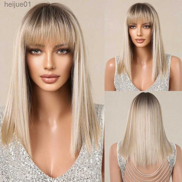 Synthetische Perücken HENRY MARGU Blonde, seidige, gerade synthetische Perücken mit Pony, mittellange natürliche Platin-Perücke für Frauen, Cosplay, hitzebeständig, L231024