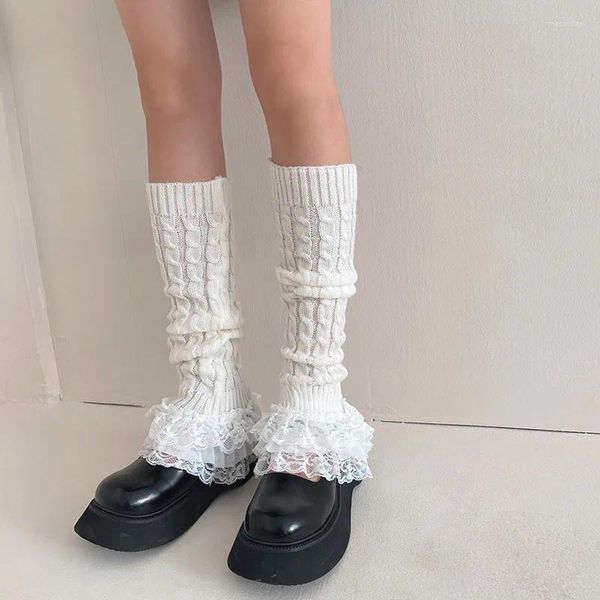 Frauen Socken Lolita Spitze Bein Wärmer Gestrickte Lange Japanische Herbst Winter Twist Streifen Fuß Abdeckung JK Bunching Boot Manschetten strümpfe