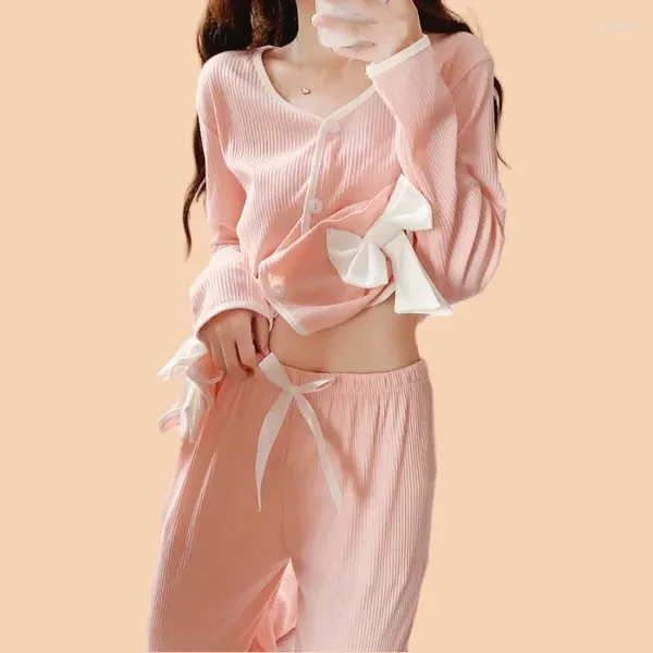 Conjunto de pijamas femininos – manga comprida camiseta calças compridas 2 peças sexy arco pijama tamanho grande primavera doce homewear aconchegante pjs